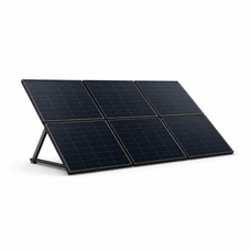 A ground-mounted array of six solar panels